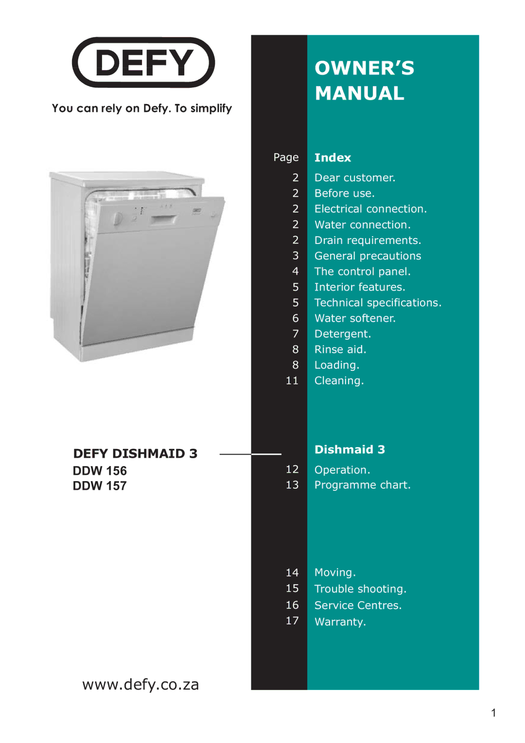 Defy Appliances DDW 156, DDW 157 technical specifications OWNER’S Manual 