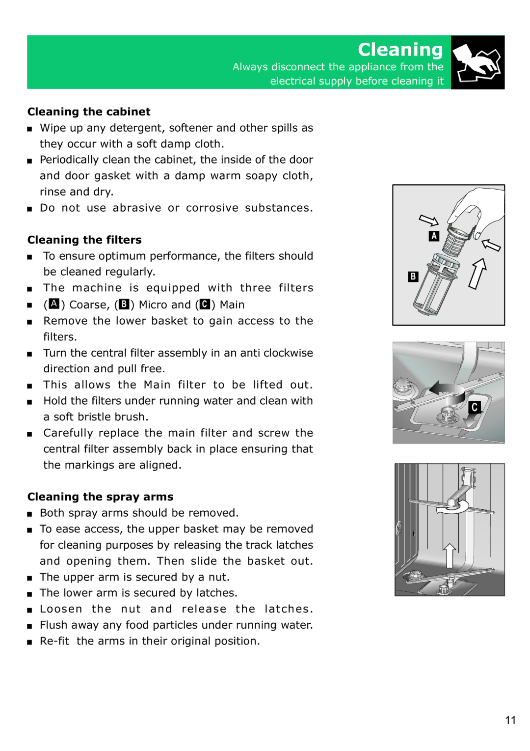 Defy Appliances DDW 156, DDW 157 Cleaning the cabinet, Cleaning the filters, Cleaning the spray arms 