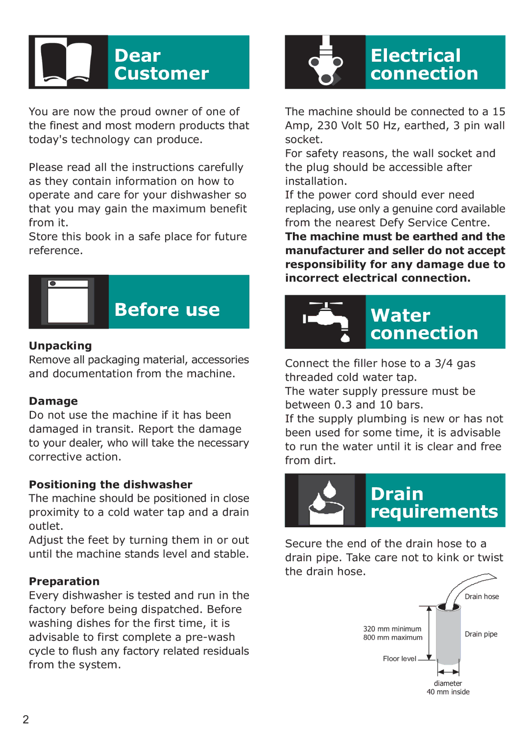 Defy Appliances DDW 157, DDW 156 Dear Customer, Electrical connection, Water connection, Drain requirements 