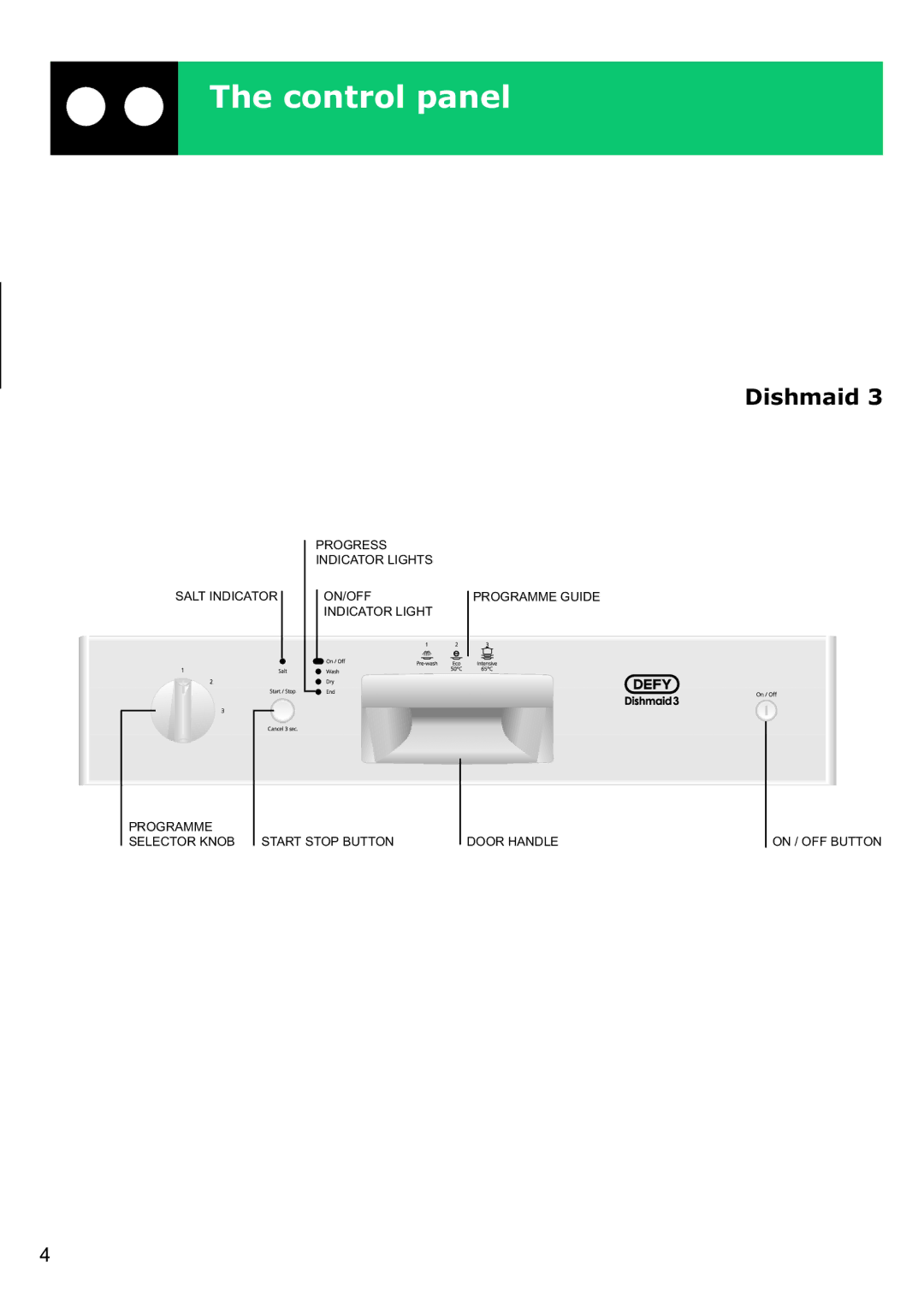 Defy Appliances DDW 157, DDW 156 technical specifications Control panel, Dishmaid 