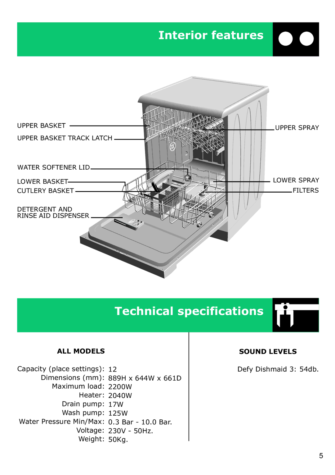 Defy Appliances DDW 156, DDW 157 technical specifications Interior features, Technical specifications 