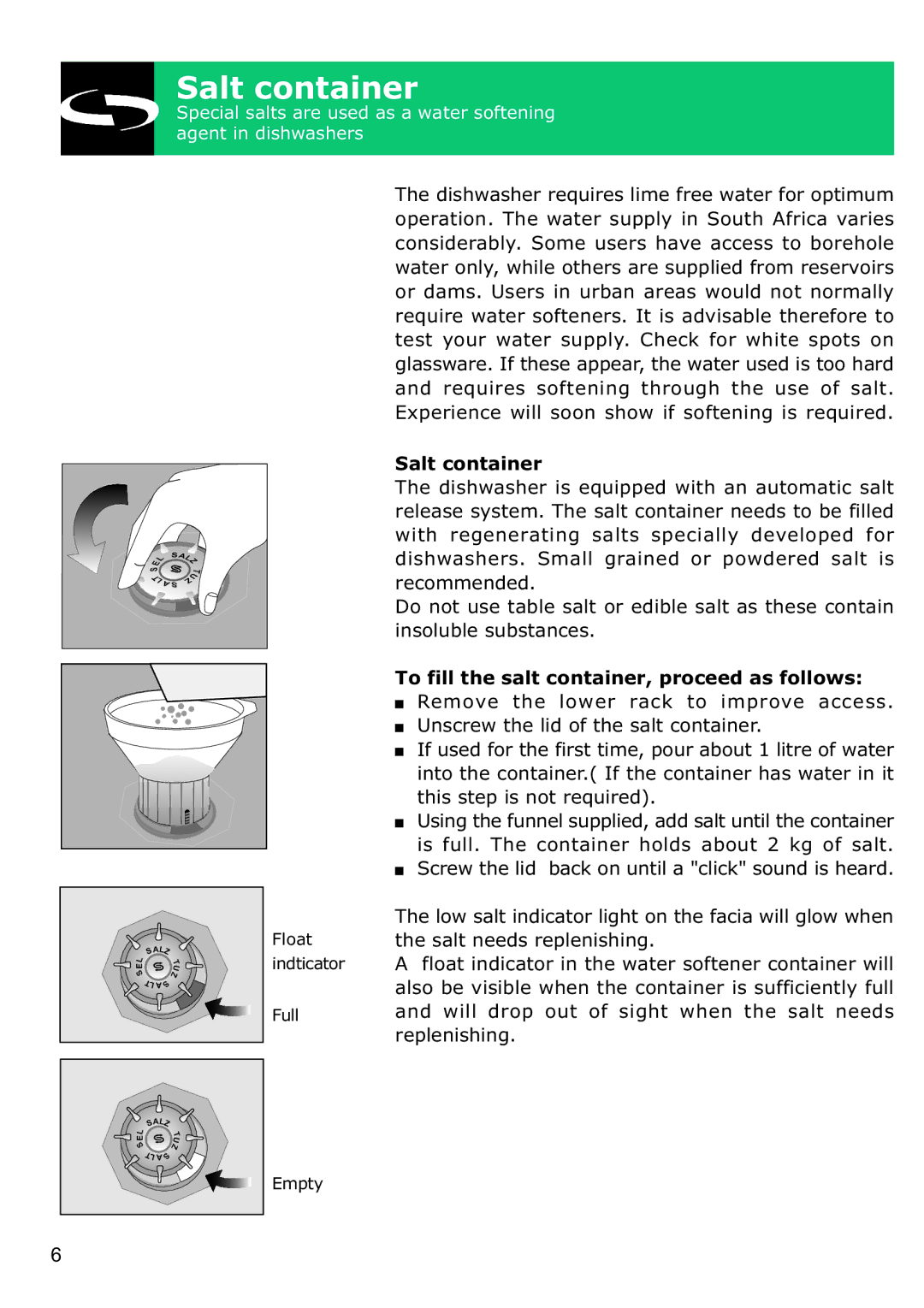 Defy Appliances DDW 157, DDW 156 technical specifications Salt container, To fill the salt container, proceed as follows 