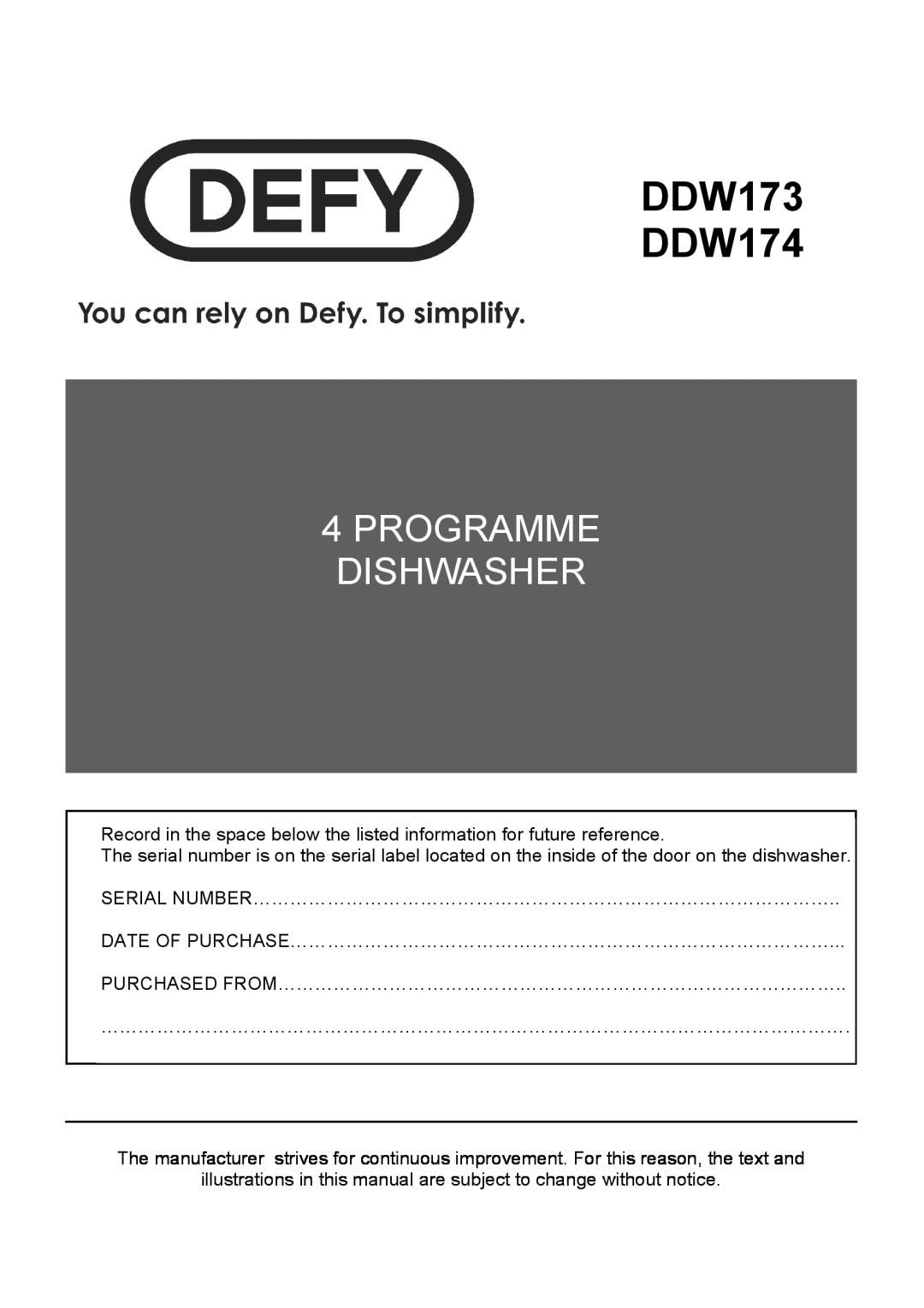 Defy Appliances DDW173, DDW174 manual 