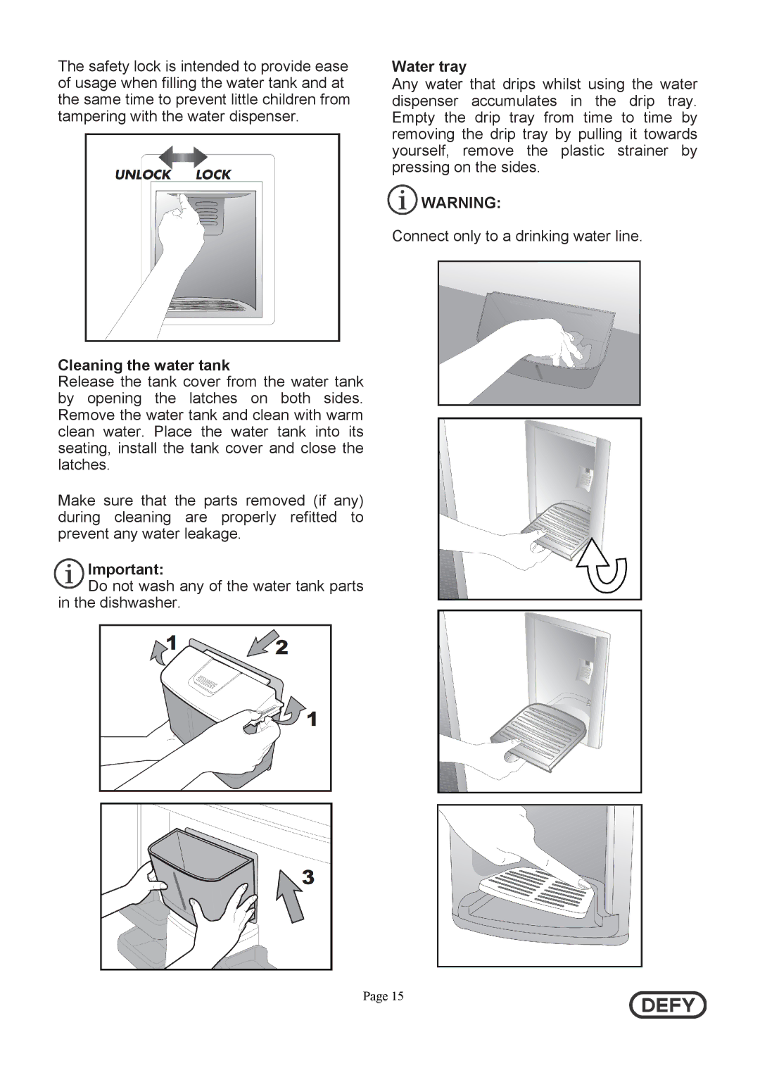 Defy Appliances DFC402 instruction manual Cleaning the water tank, Water tray 