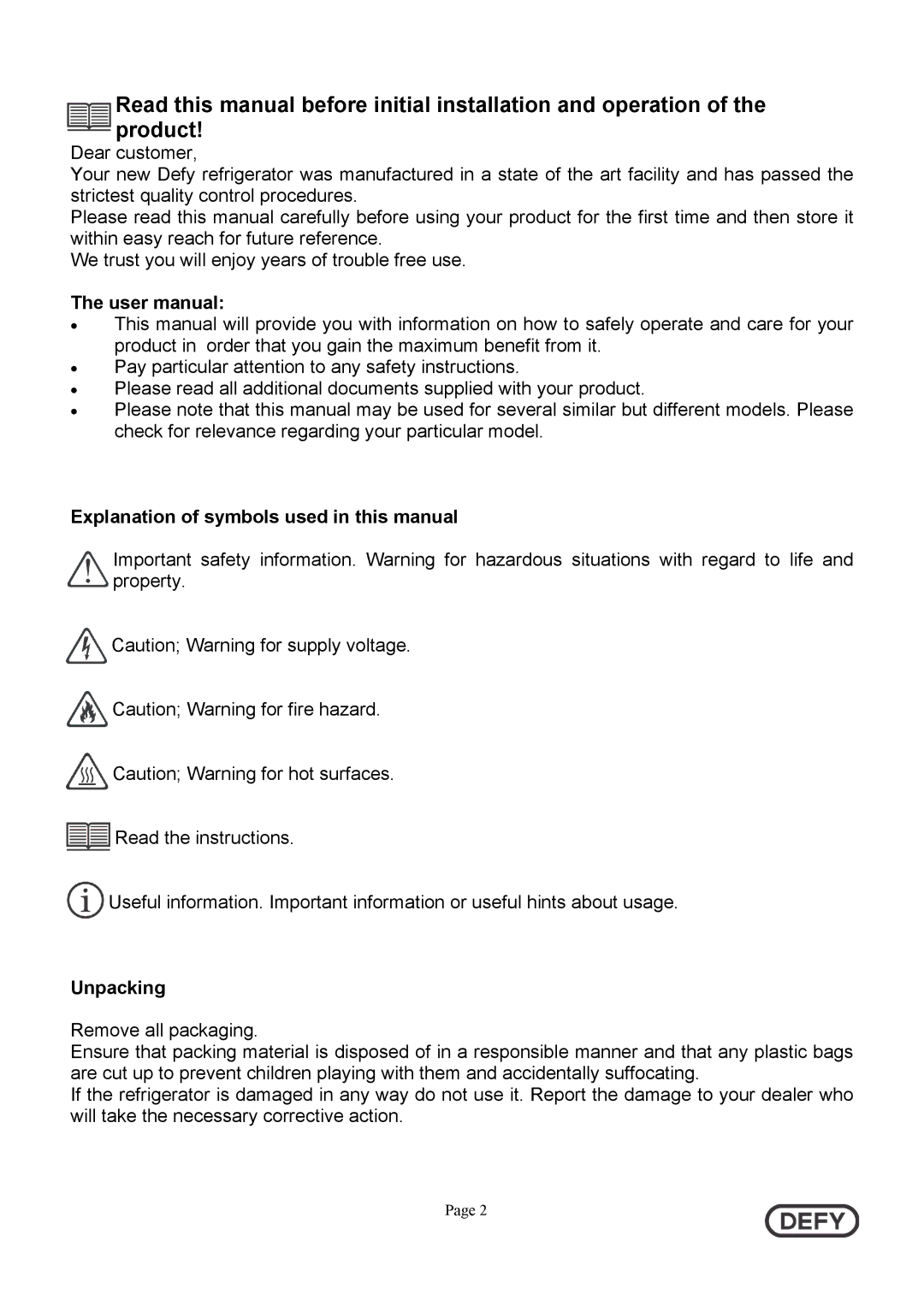 Defy Appliances DFC402 instruction manual Explanation of symbols used in this manual 