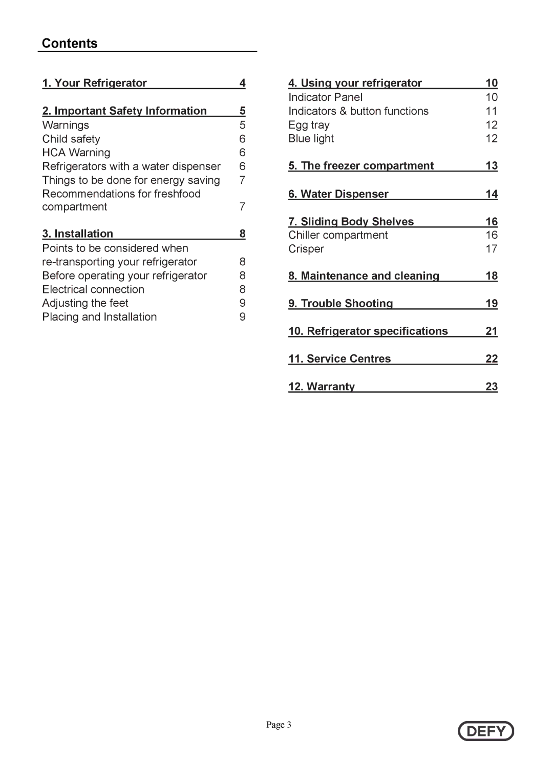 Defy Appliances DFC402 instruction manual Contents 