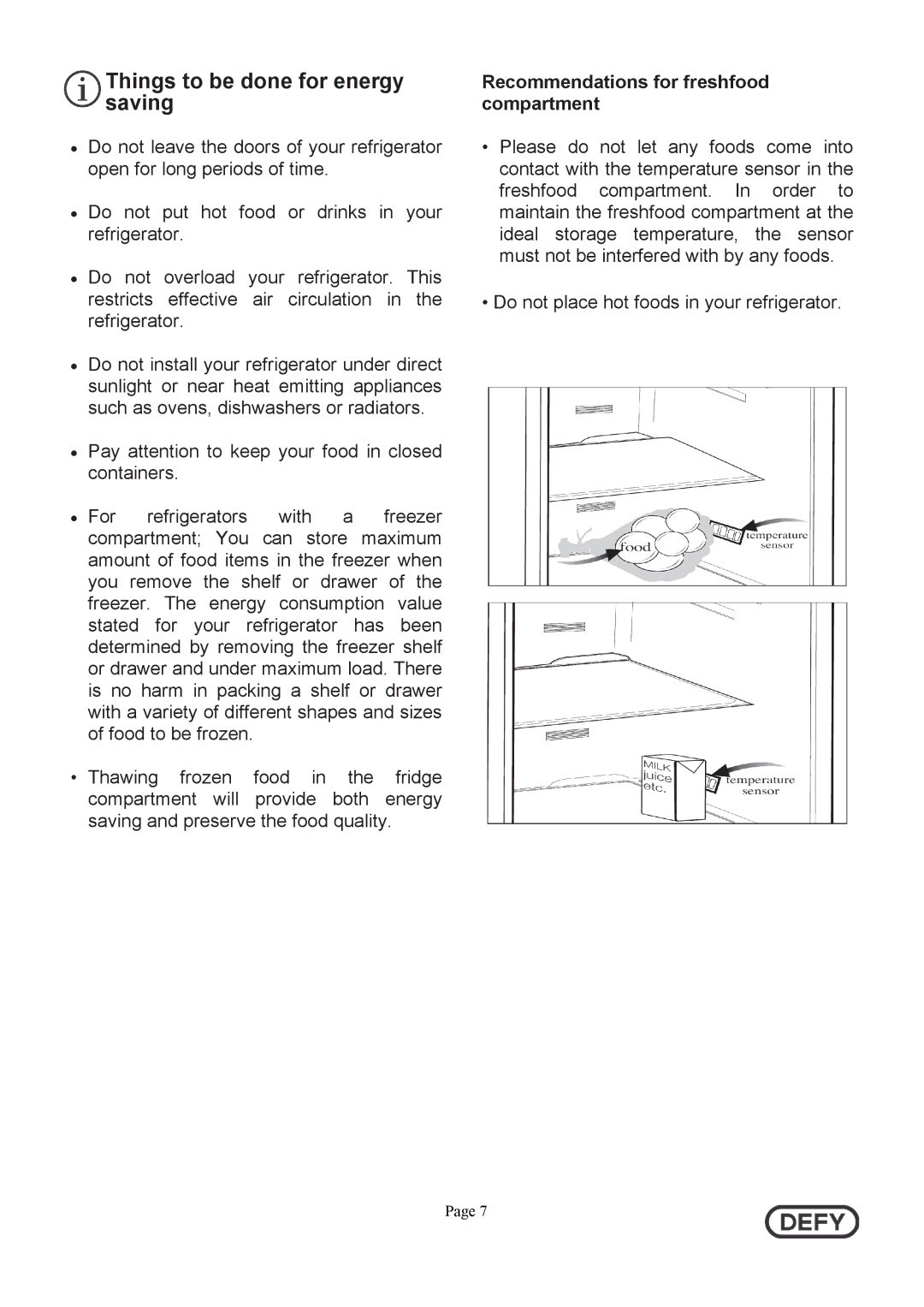 Defy Appliances DFC402 instruction manual Things to be done for energy saving, Recommendations for freshfood compartment 