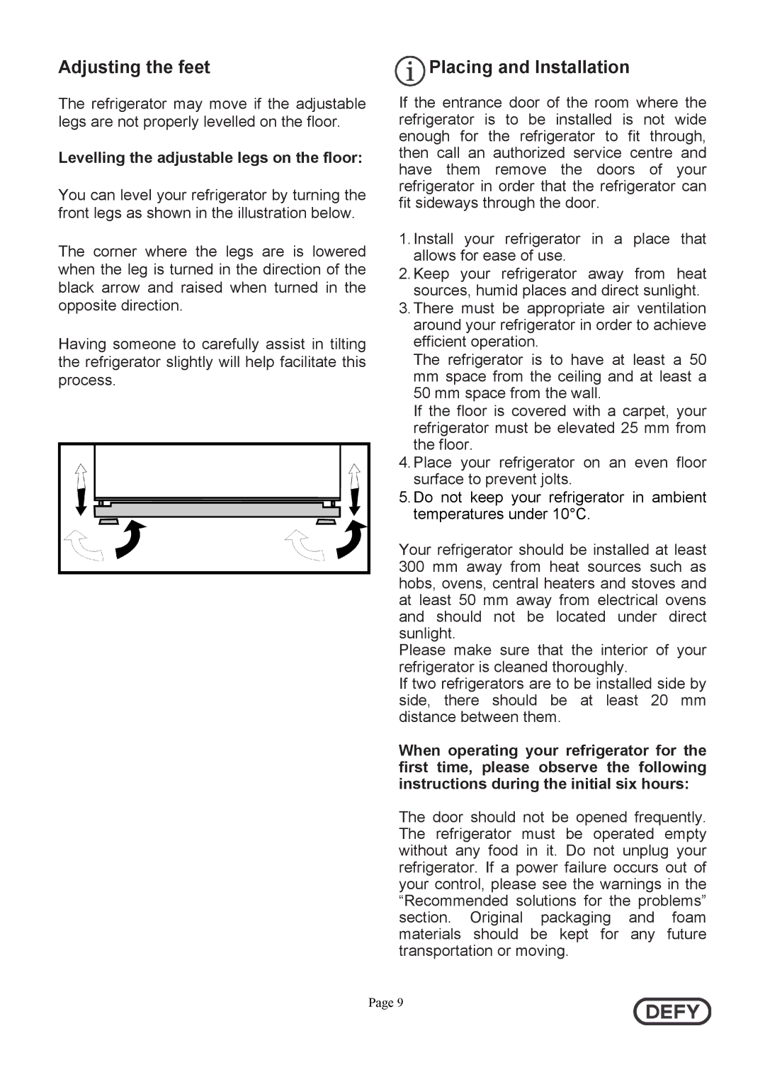 Defy Appliances DFC402 Adjusting the feet, Placing and Installation, Levelling the adjustable legs on the floor 