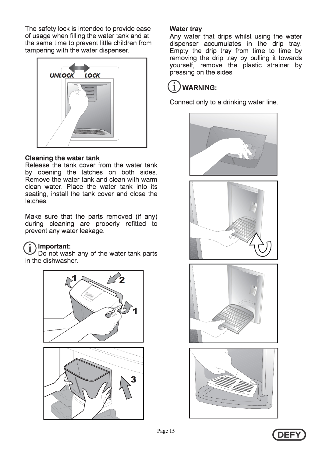 Defy Appliances DFC402 instruction manual Cleaning the water tank, Water tray 