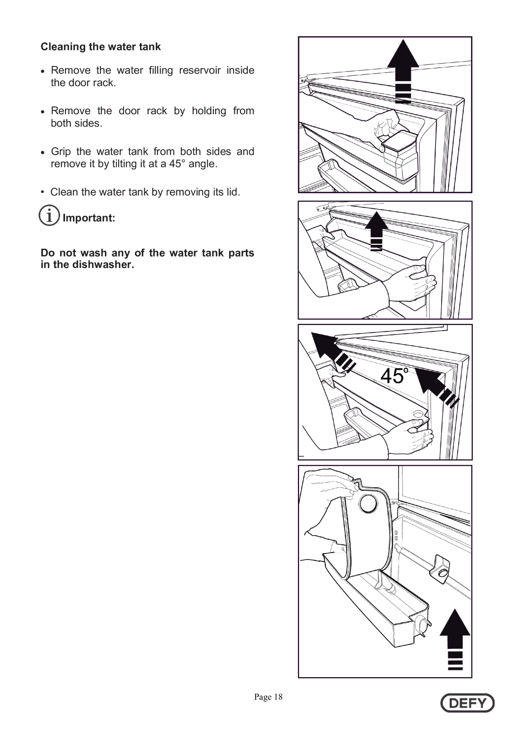 Defy Appliances DFD442 Cleaning the water tank, Do not wash any of the water tank parts in the dishwasher 