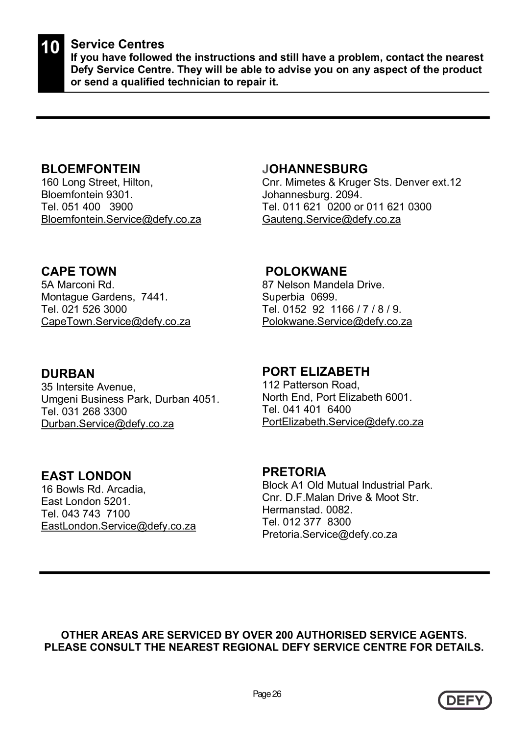 Defy Appliances DFD442 instruction manual Service Centres, Bloemfontein Johannesburg 