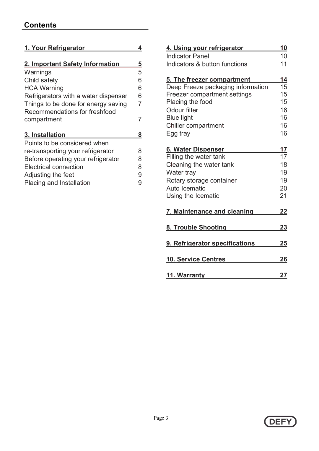 Defy Appliances DFD442 instruction manual Contents 