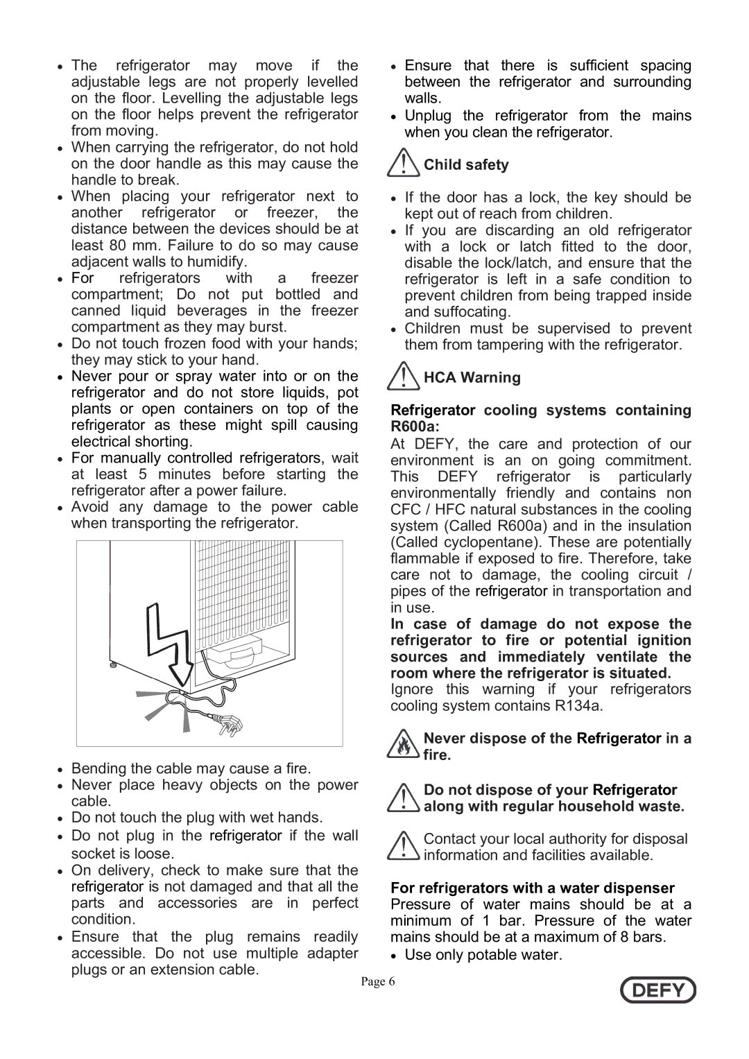 Defy Appliances DFD442 instruction manual Child safety, HCA Warning Refrigerator cooling systems containing R600a 