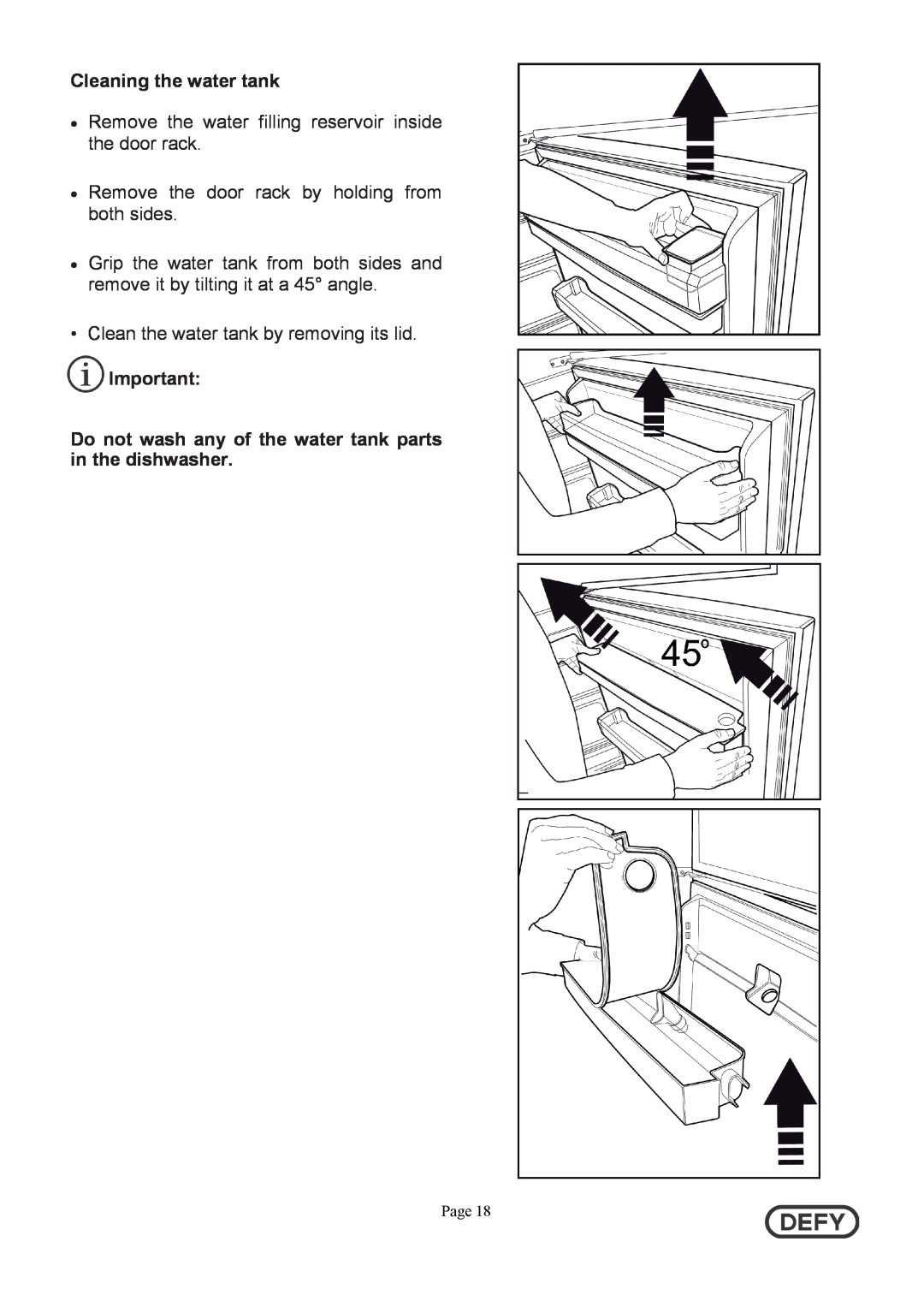 Defy Appliances DFD442 instruction manual Cleaning the water tank, Remove the door rack by holding from both sides, Page 