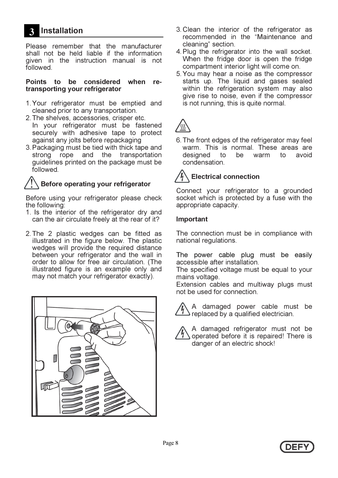Defy Appliances DFD442 instruction manual 3Installation, Before operating your refrigerator, Electrical connection 