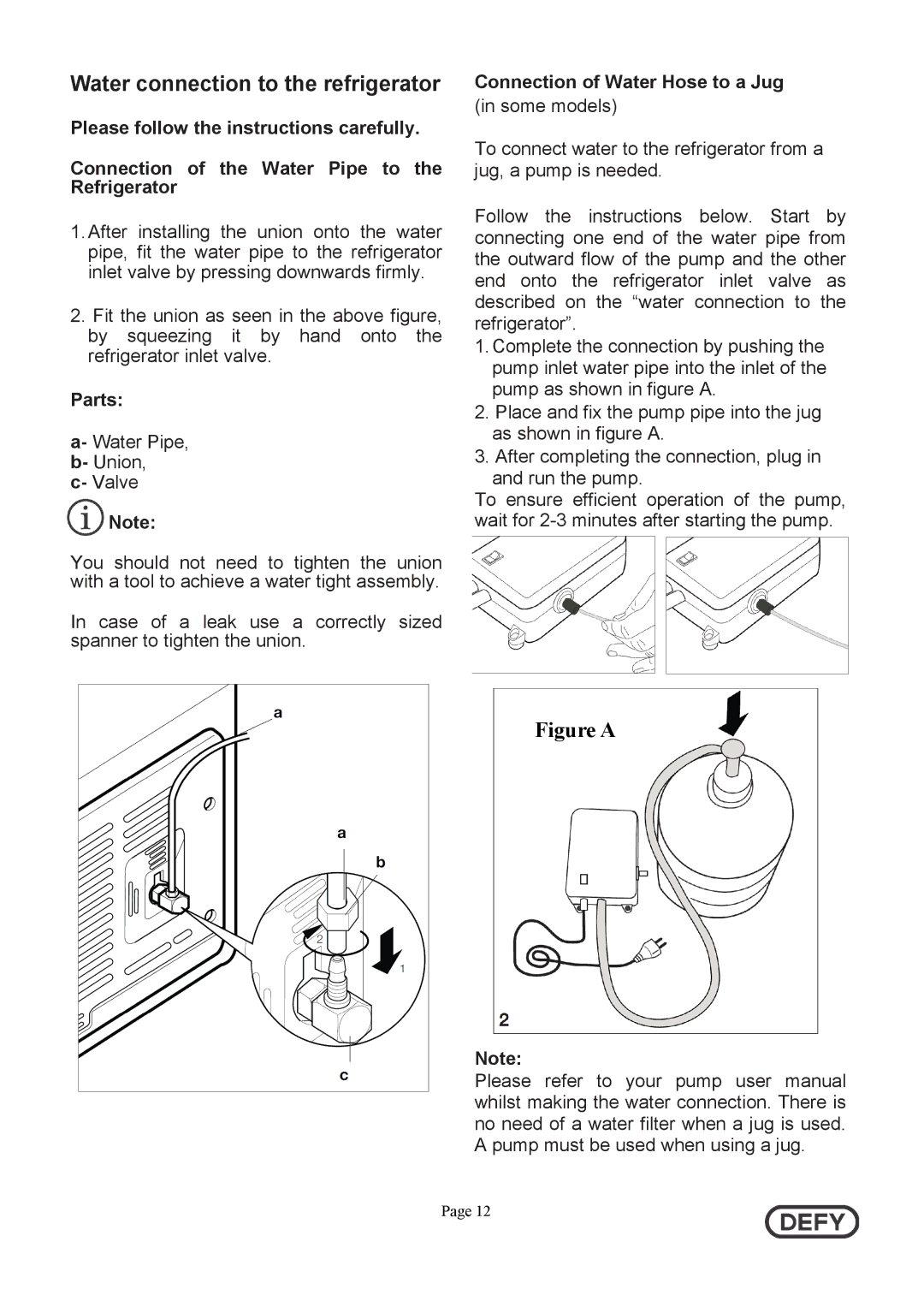 Defy Appliances DFF399 instruction manual Parts, Connection of Water Hose to a Jug 