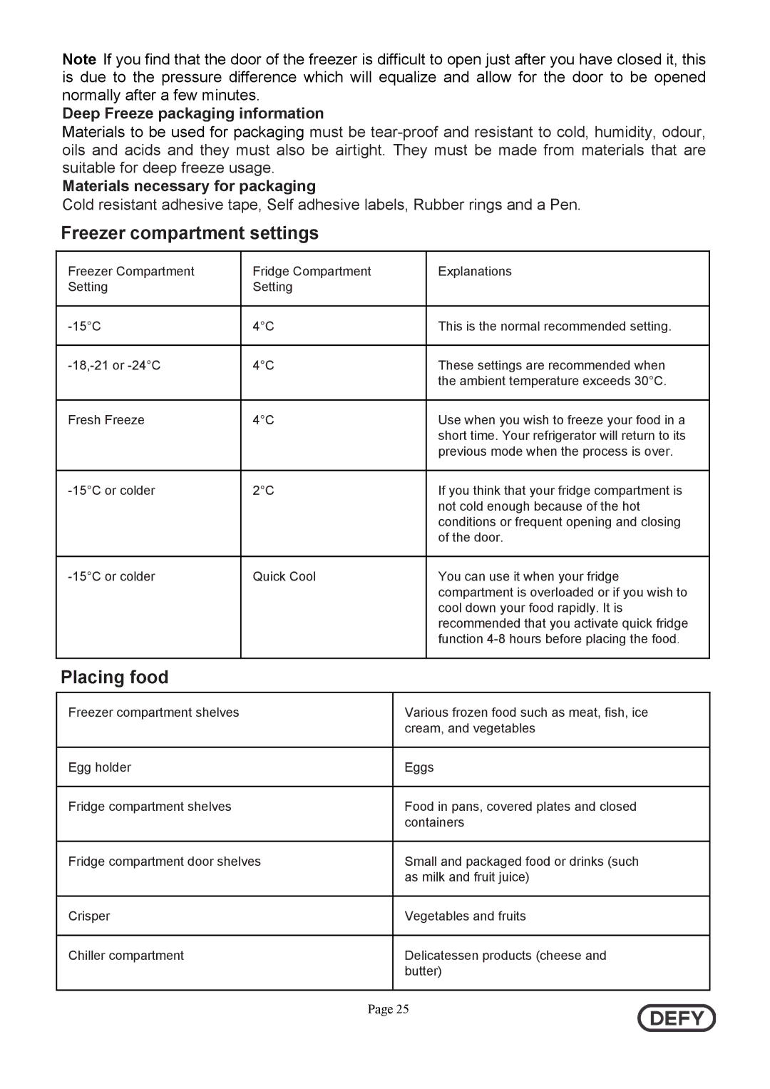 Defy Appliances DFF399 instruction manual Freezer compartment settings, Placing food, Deep Freeze packaging information 