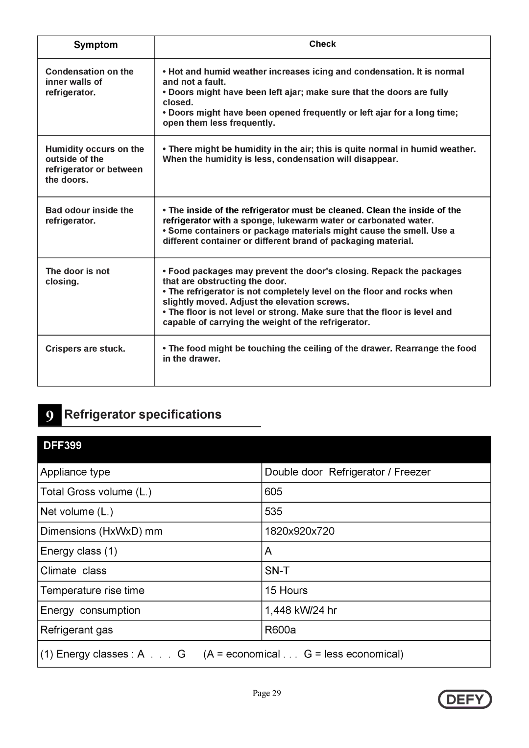 Defy Appliances DFF399 instruction manual Refrigerator specifications 