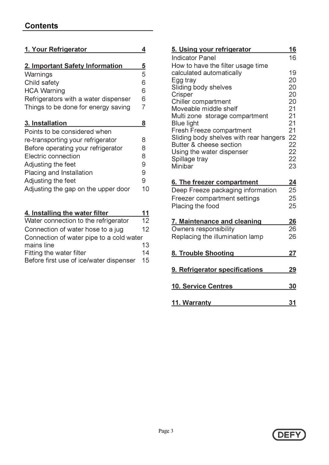 Defy Appliances DFF399 instruction manual Contents 