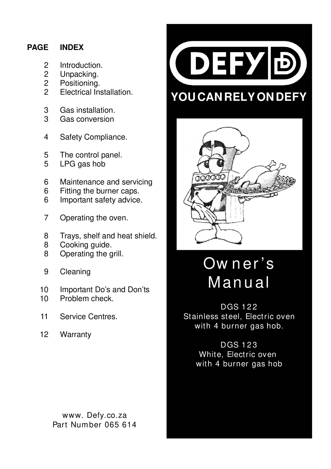 Defy Appliances DGS 122, DGS 123 owner manual Owner’s Manual 