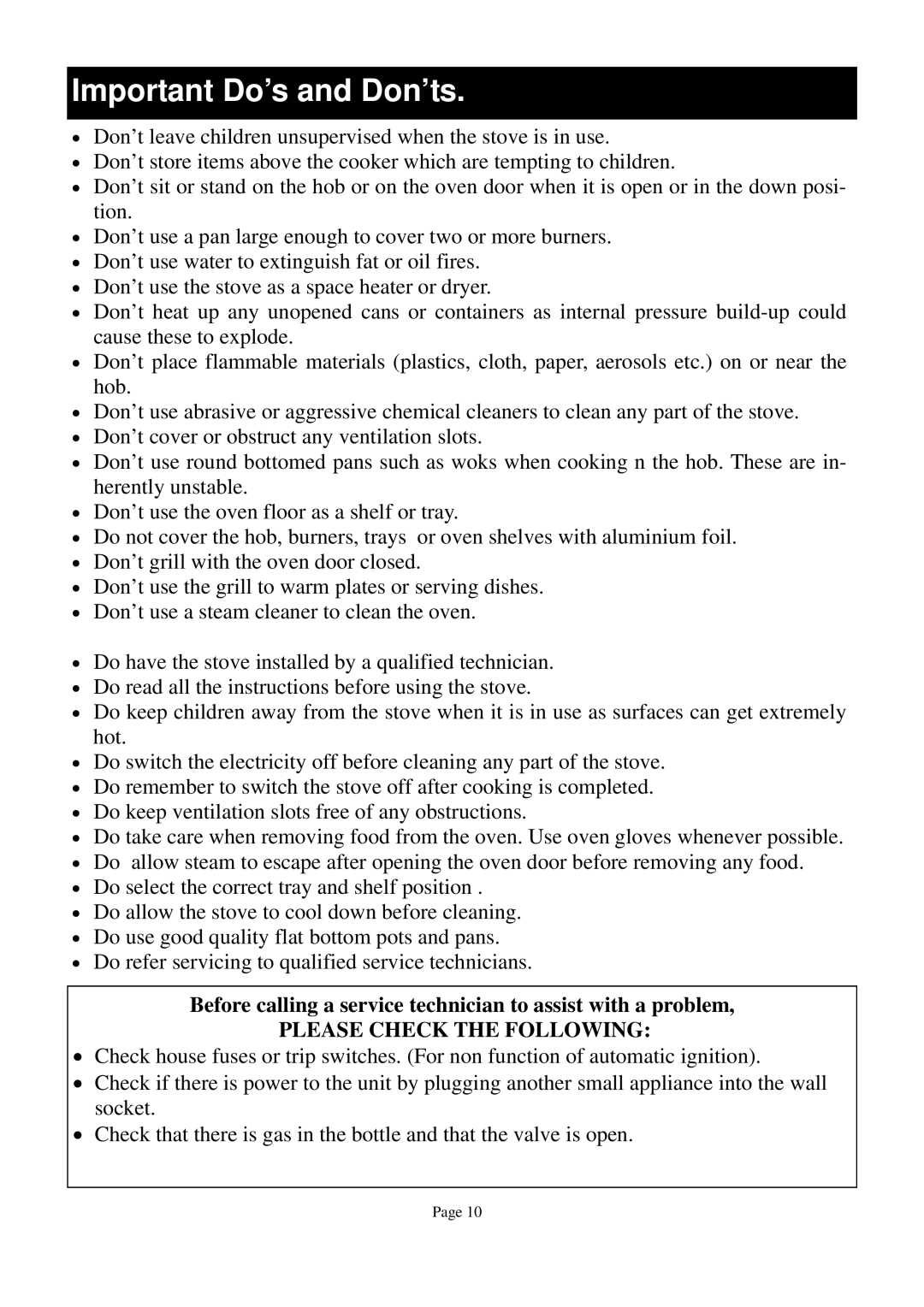 Defy Appliances DGS 123, DGS 122 Important Do’s and Don’ts, Before calling a service technician to assist with a problem 