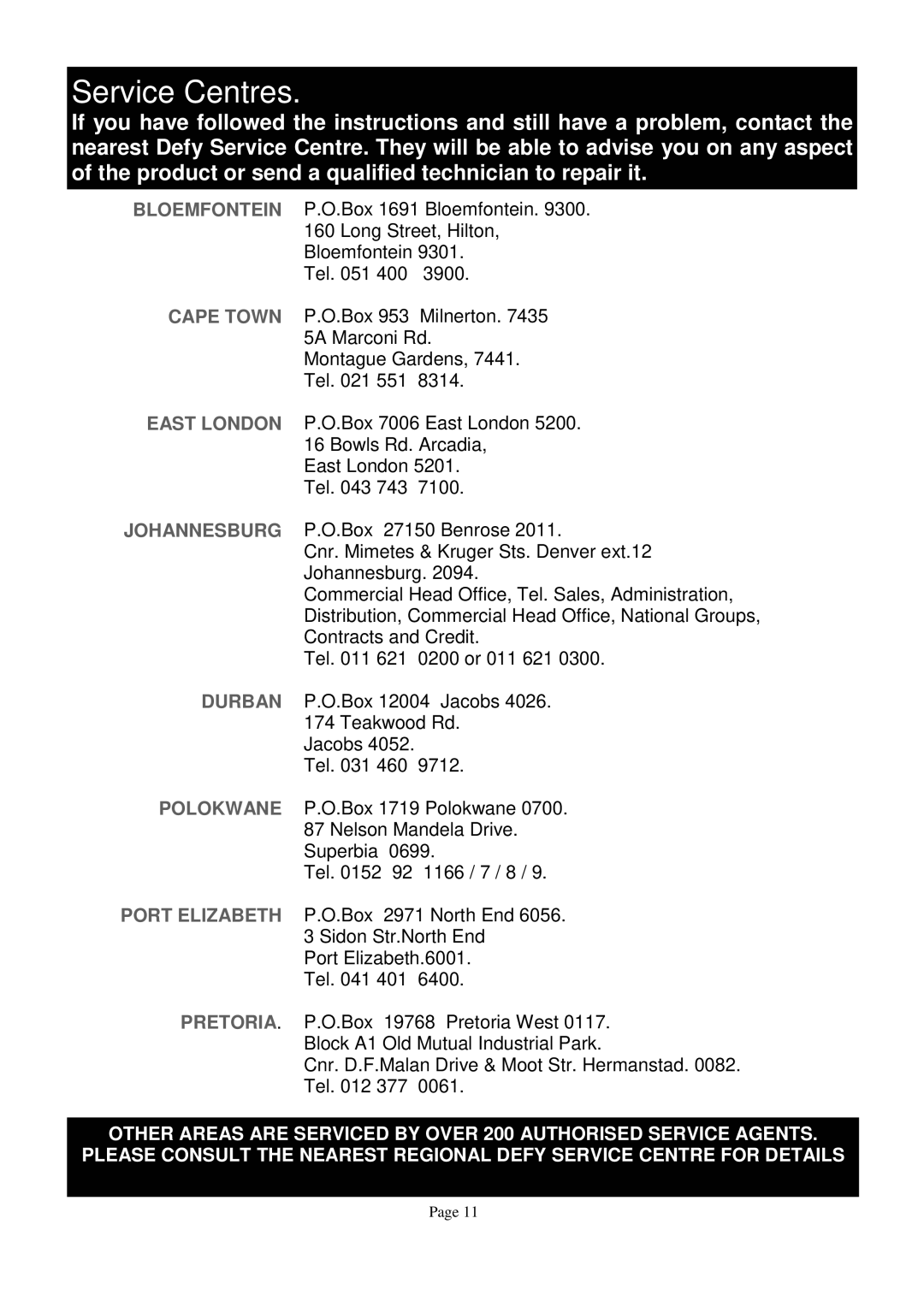 Defy Appliances DGS 122, DGS 123 owner manual Service Centres 