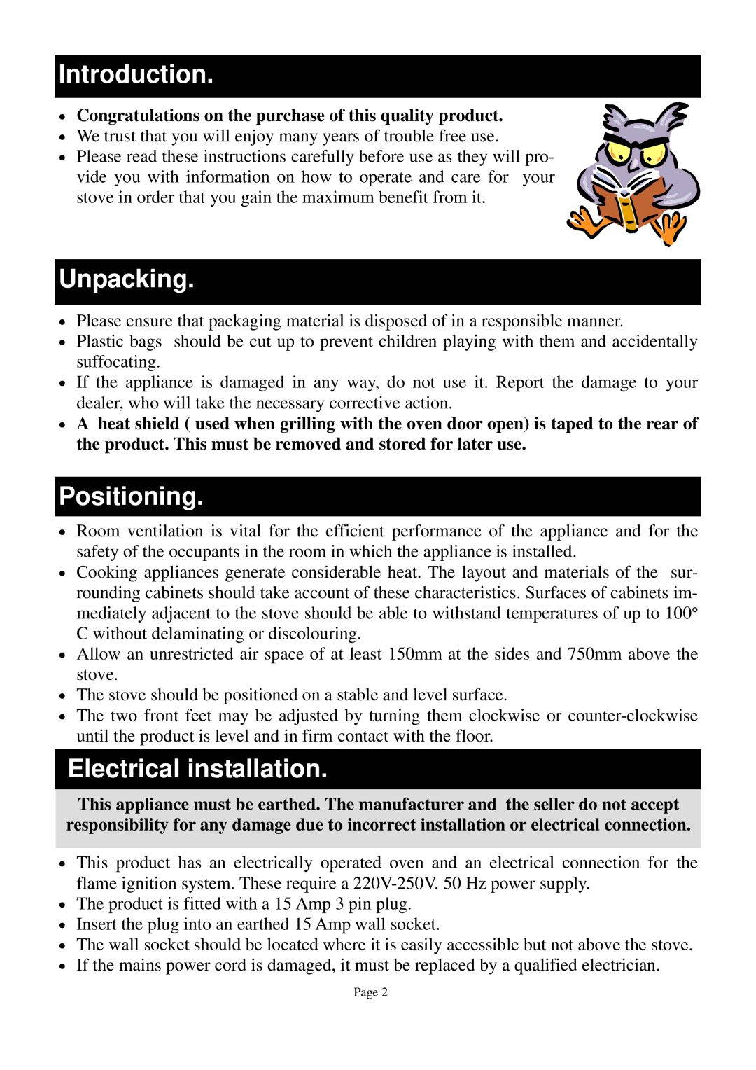 Defy Appliances DGS 123, DGS 122 owner manual Introduction, Unpacking, Positioning, Electrical installation 