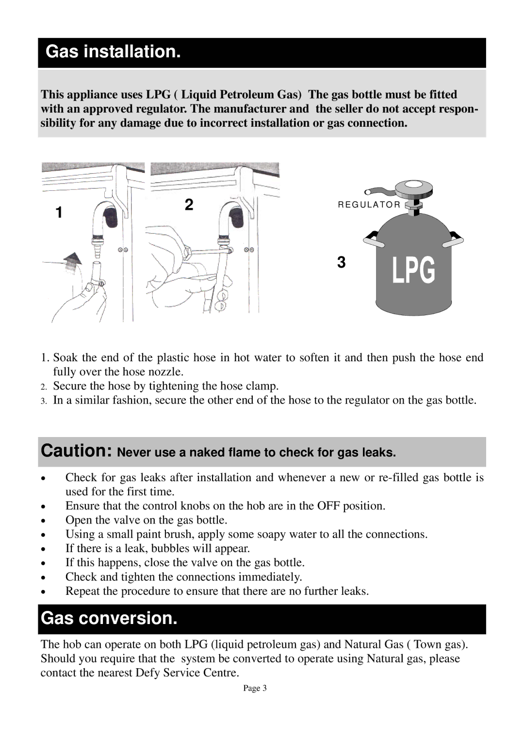 Defy Appliances DGS 122, DGS 123 owner manual Gas installation, Gas conversion 