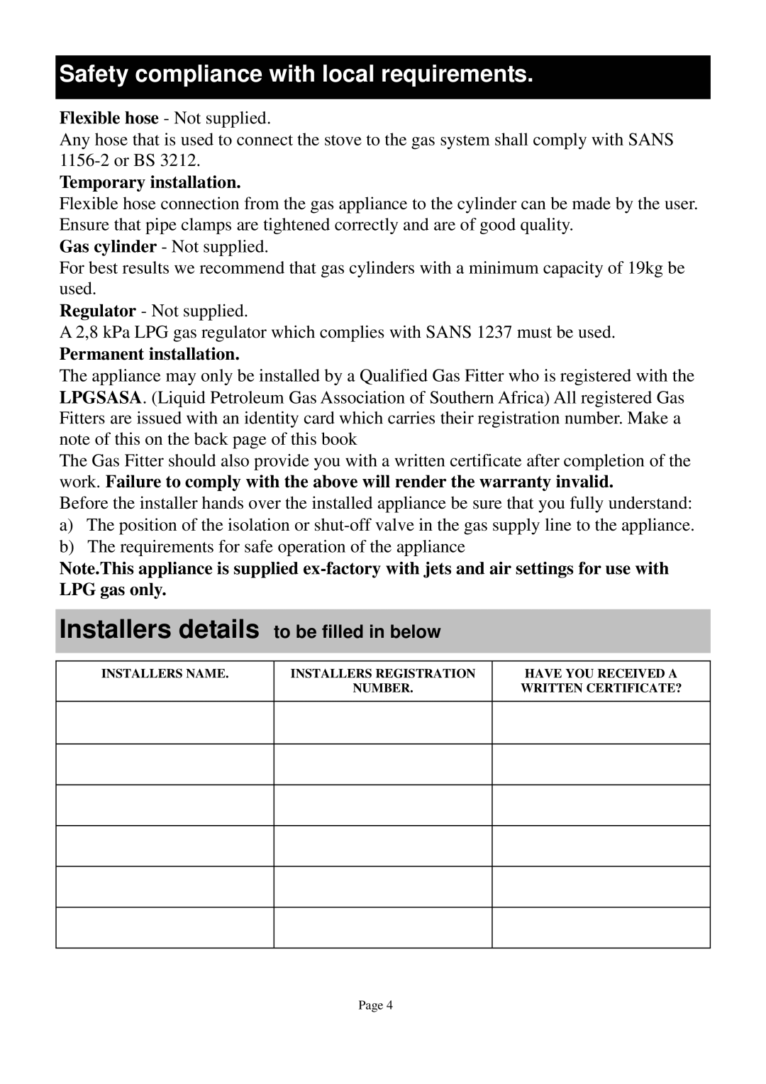 Defy Appliances DGS 123, DGS 122 Safety compliance with local requirements, Temporary installation, Permanent installation 