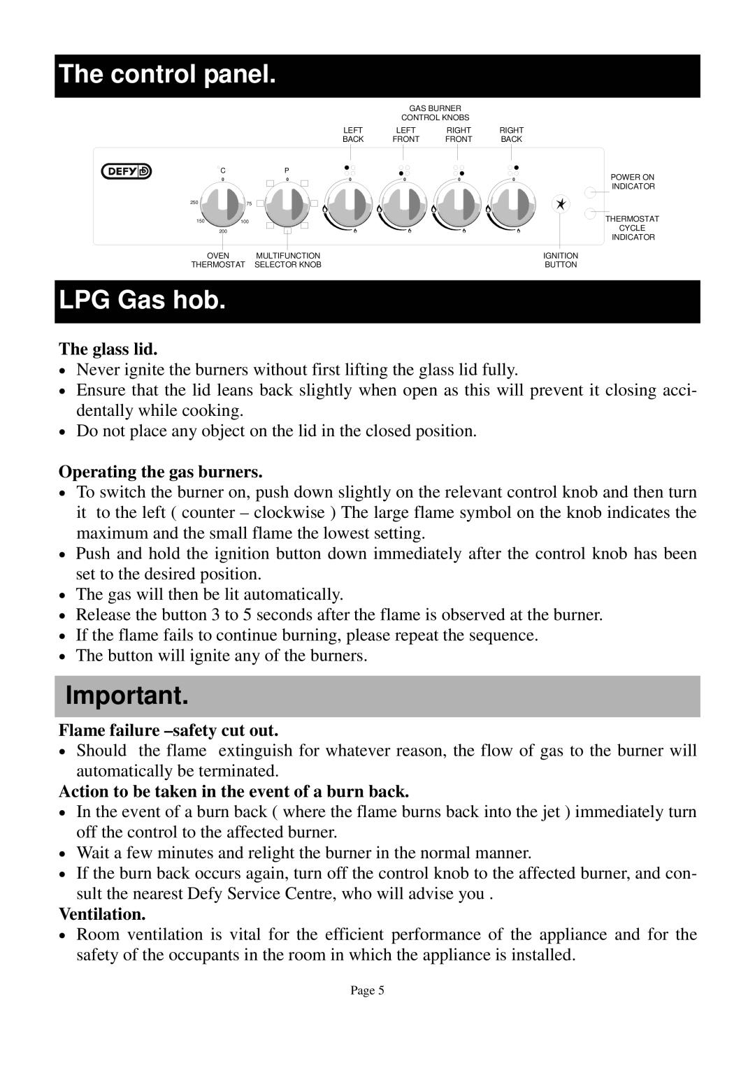 Defy Appliances DGS 122, DGS 123 owner manual Control panel, LPG Gas hob 