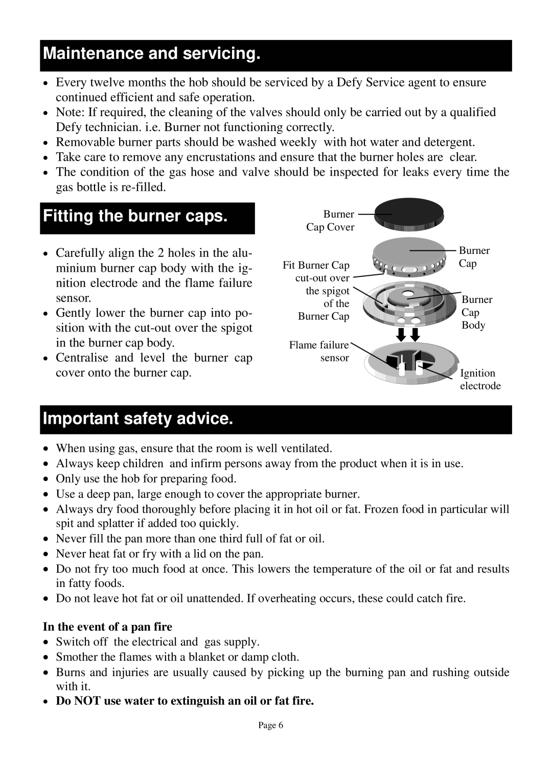 Defy Appliances DGS 123, DGS 122 owner manual Maintenance and servicing, Fitting the burner caps, Important safety advice 