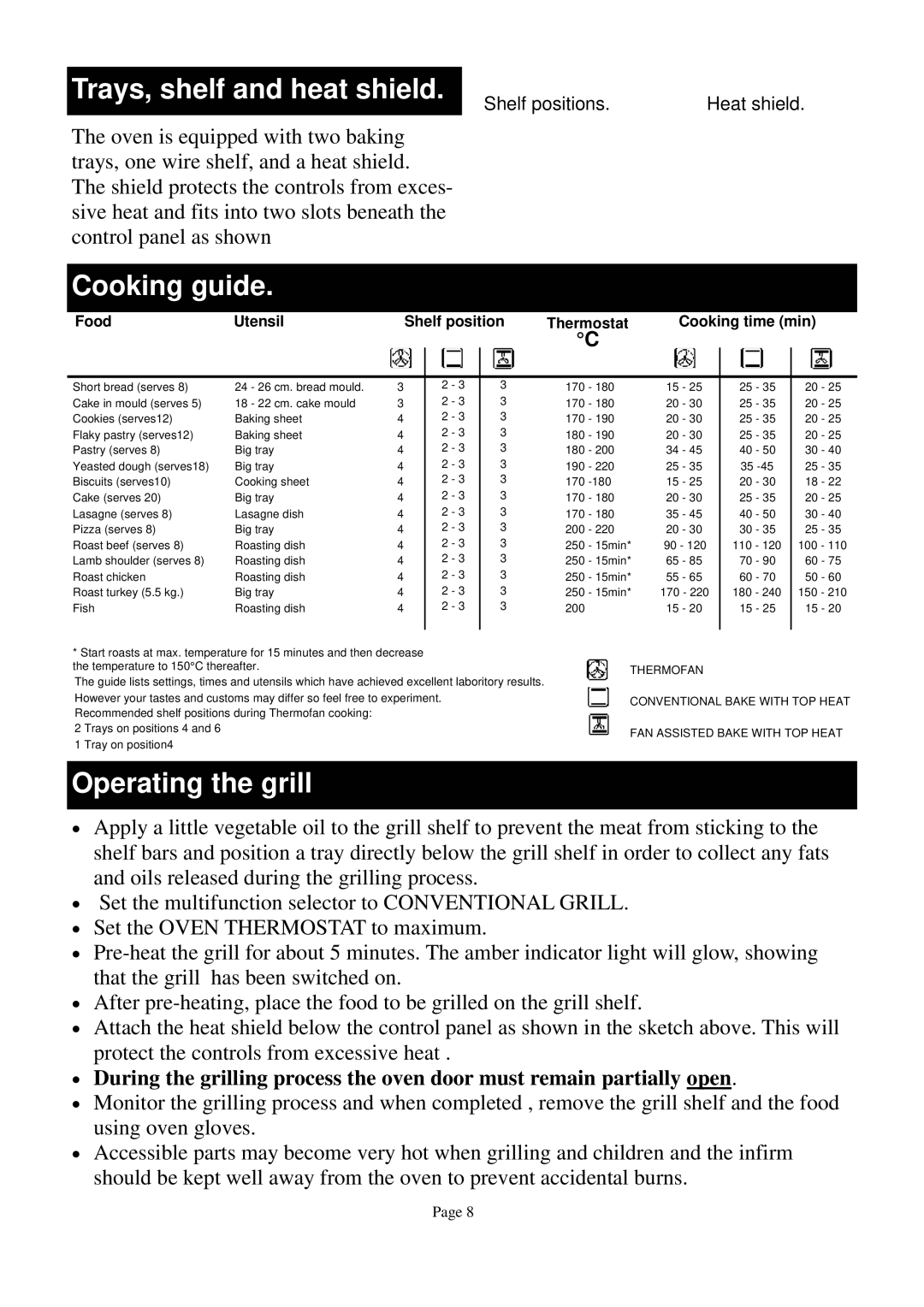 Defy Appliances DGS 123, DGS 122 owner manual Trays, shelf and heat shield, Cooking guide, Operating the grill 