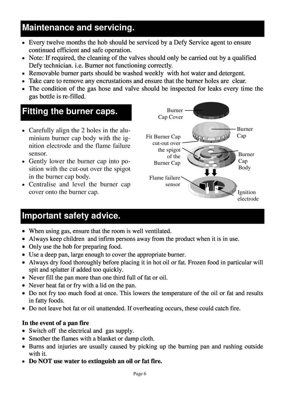 Defy Appliances DGS 123, DGS 122 owner manual Maintenance and servicing, Fitting the burner caps, Important safety advice 