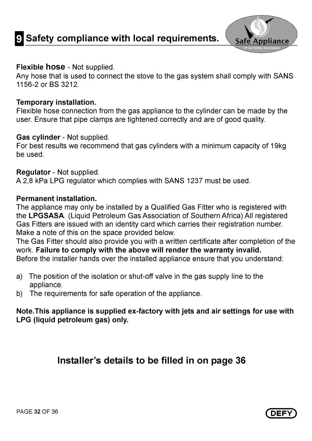 Defy Appliances DGS 125 AND DGS 126 manual +%#0%&/ %=0 