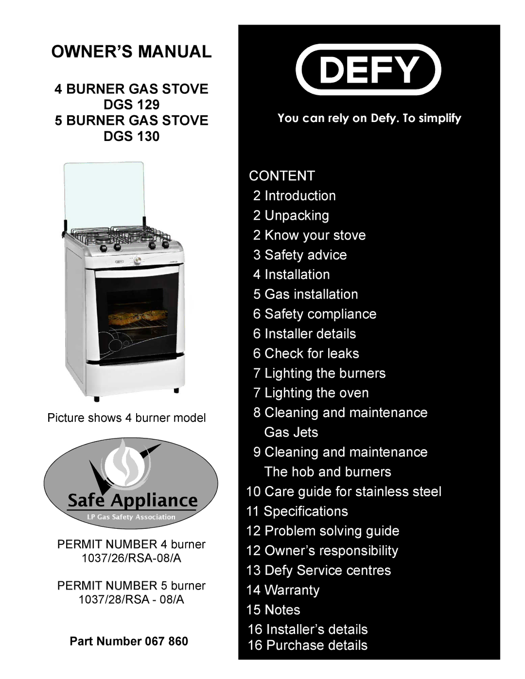 Defy Appliances DGS 130, DGS 129 owner manual Safe Appliance, Part Number 067 