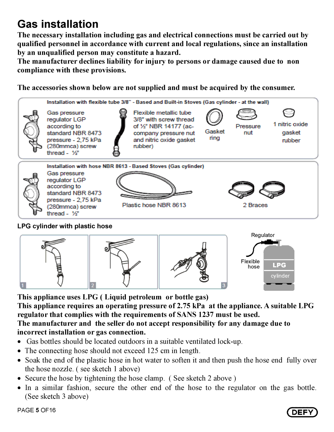 Defy Appliances DGS 130, DGS 129 owner manual Gas installation 