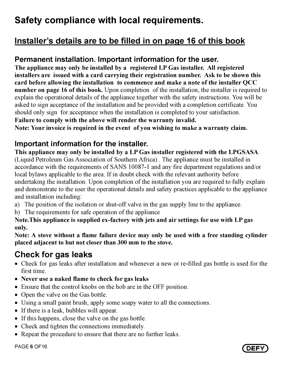 Defy Appliances DGS 129, DGS 130 owner manual Safety compliance with local requirements 