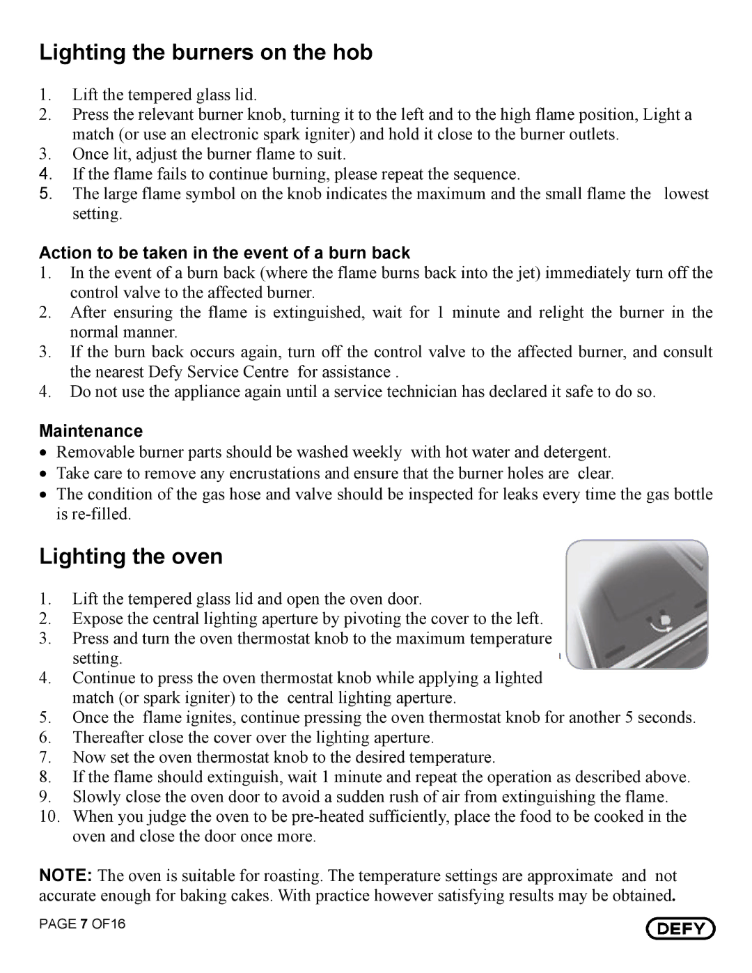 Defy Appliances DGS 130, DGS 129 owner manual Action to be taken in the event of a burn back, Maintenance 