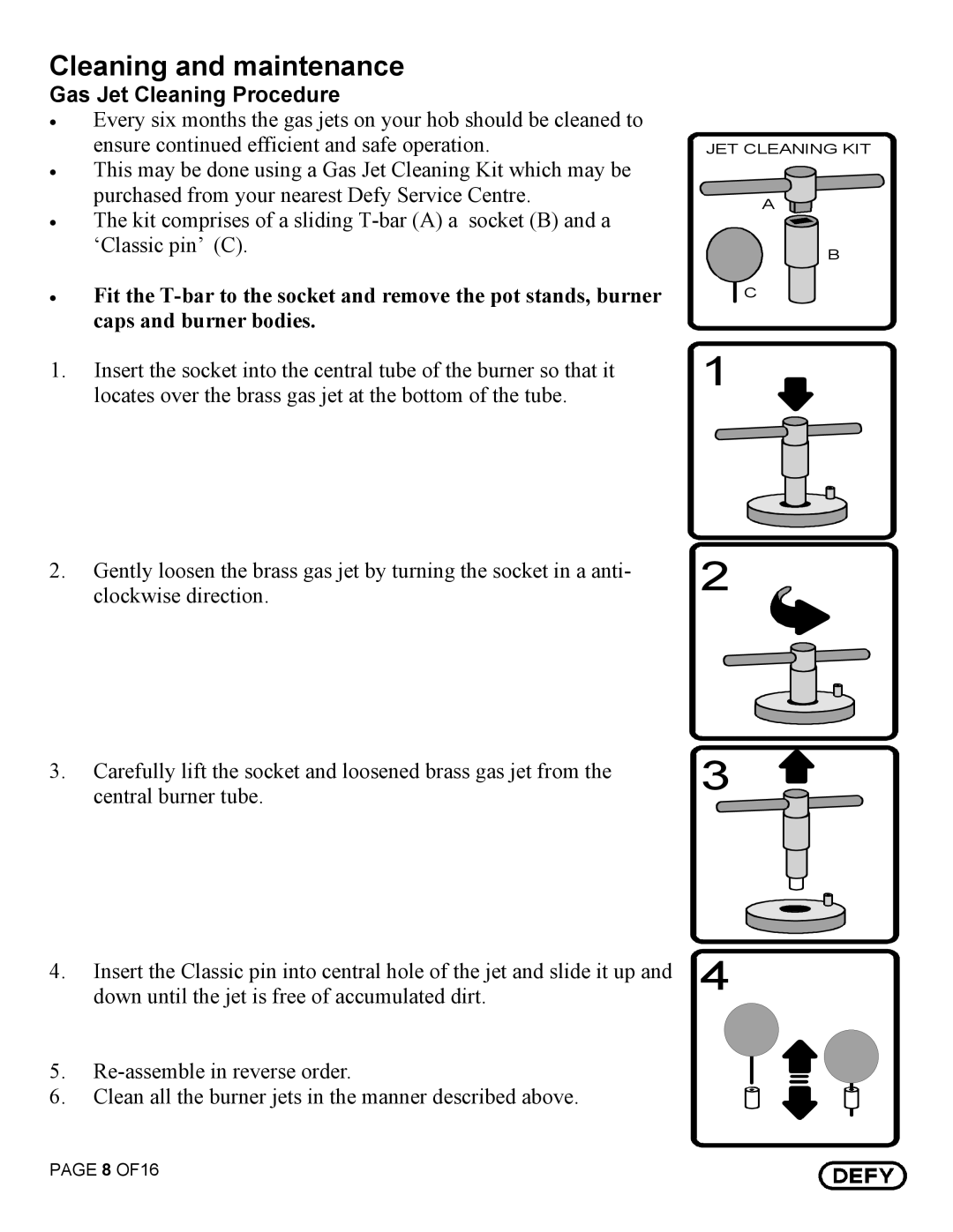 Defy Appliances DGS 129, DGS 130 owner manual Cleaning and maintenance, Gas Jet Cleaning Procedure 