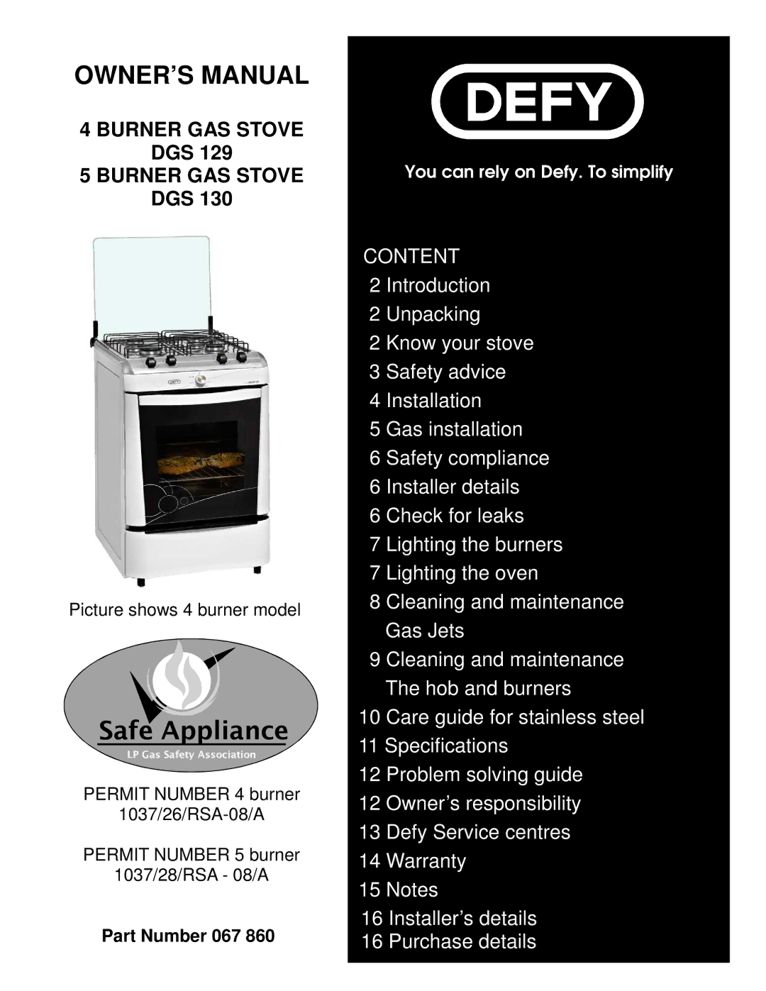 Defy Appliances DGS129 owner manual Content, Part Number 067 