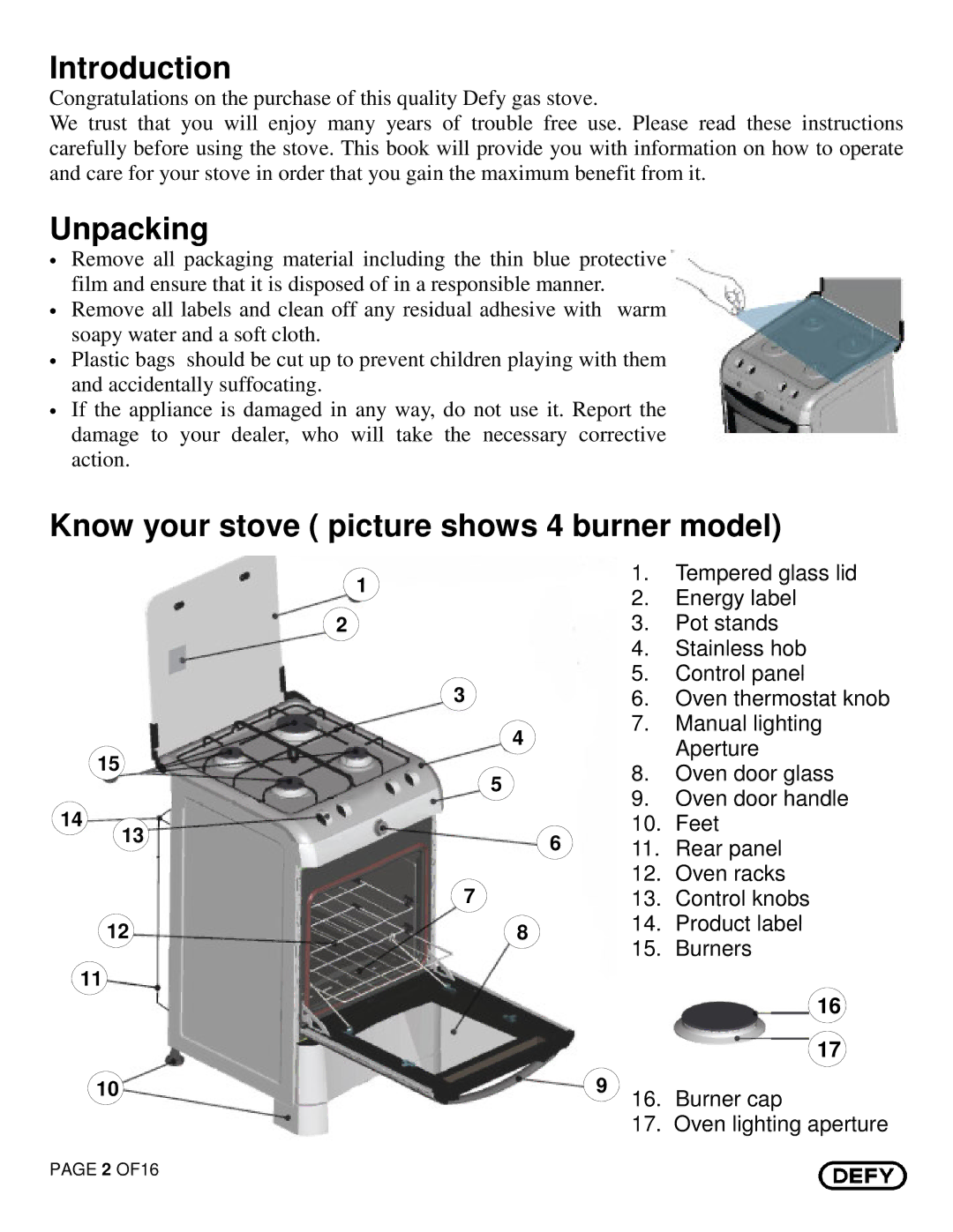 Defy Appliances DGS129 owner manual Introduction, Unpacking, Know your stove picture shows 4 burner model 