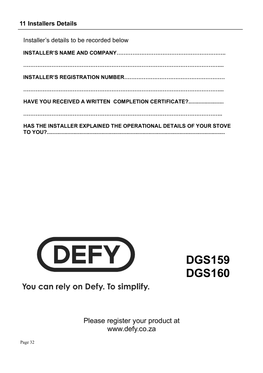 Defy Appliances DGS159, DGS160 manual #++&,#-+, Foooooooooooooooooooo 