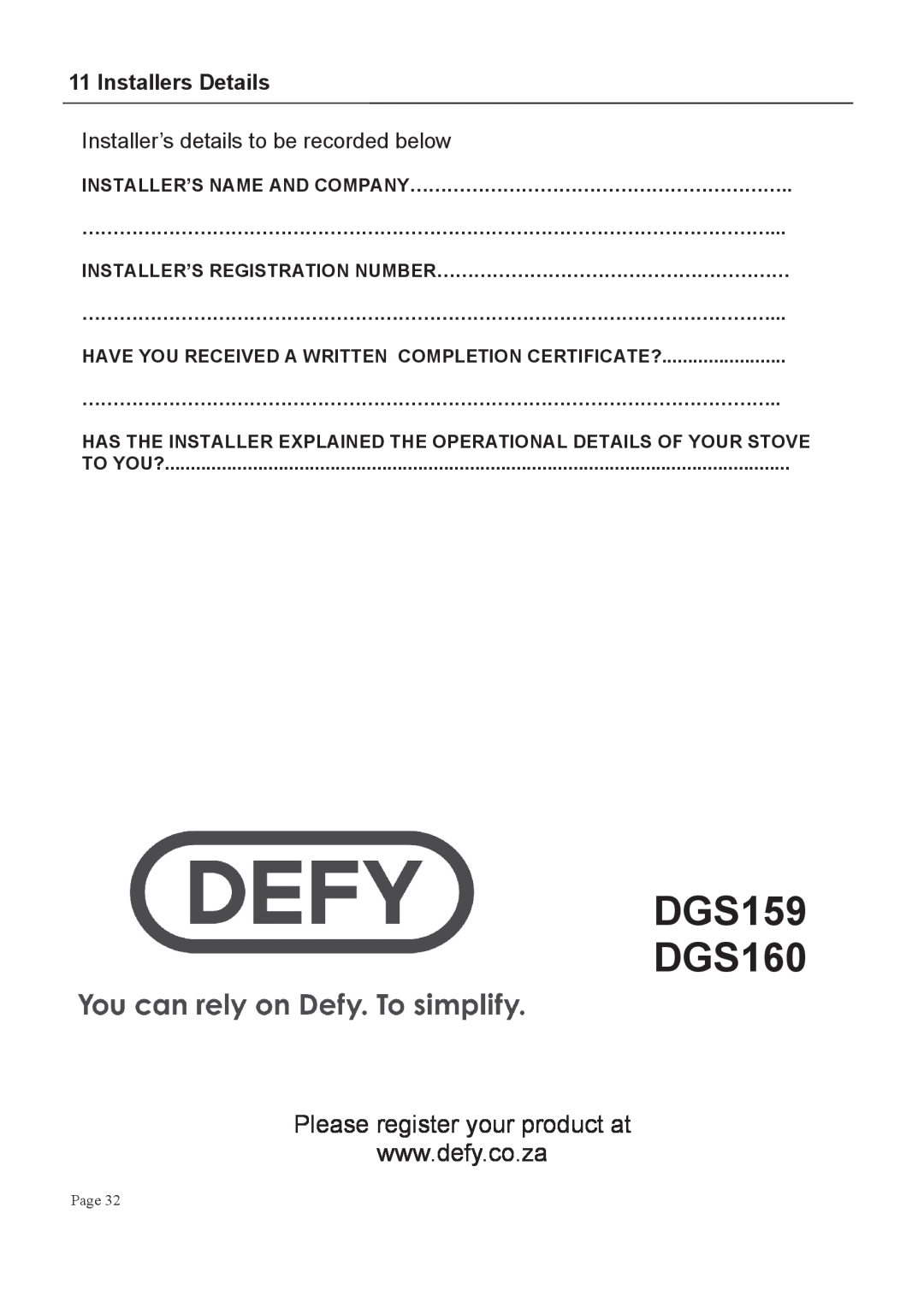 Defy Appliances DGS159, DGS160 manual #++&,#-+, M ! ###, 0+! 8#$# 8%#% 