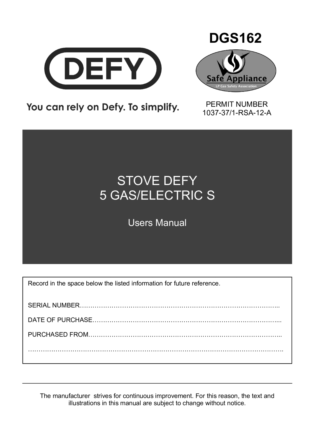 Defy Appliances DGS162 manual 1234534155165 