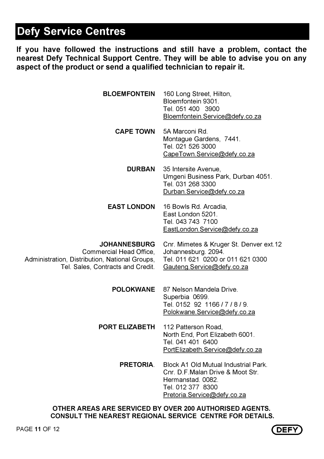 Defy Appliances DHD 394 owner manual Defy Service Centres, Johannesburg 