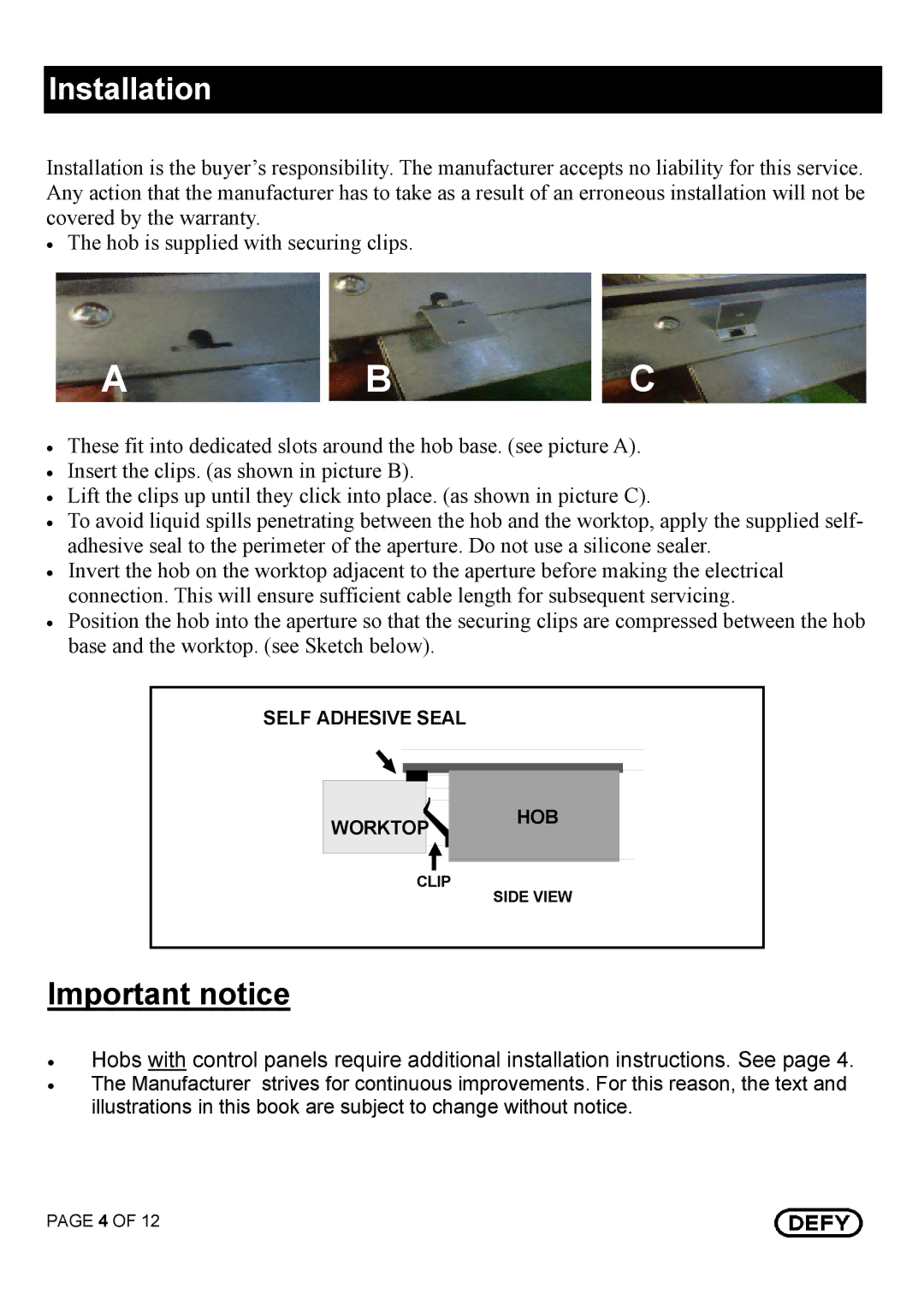 Defy Appliances DHD 394 owner manual Installation, Important notice 