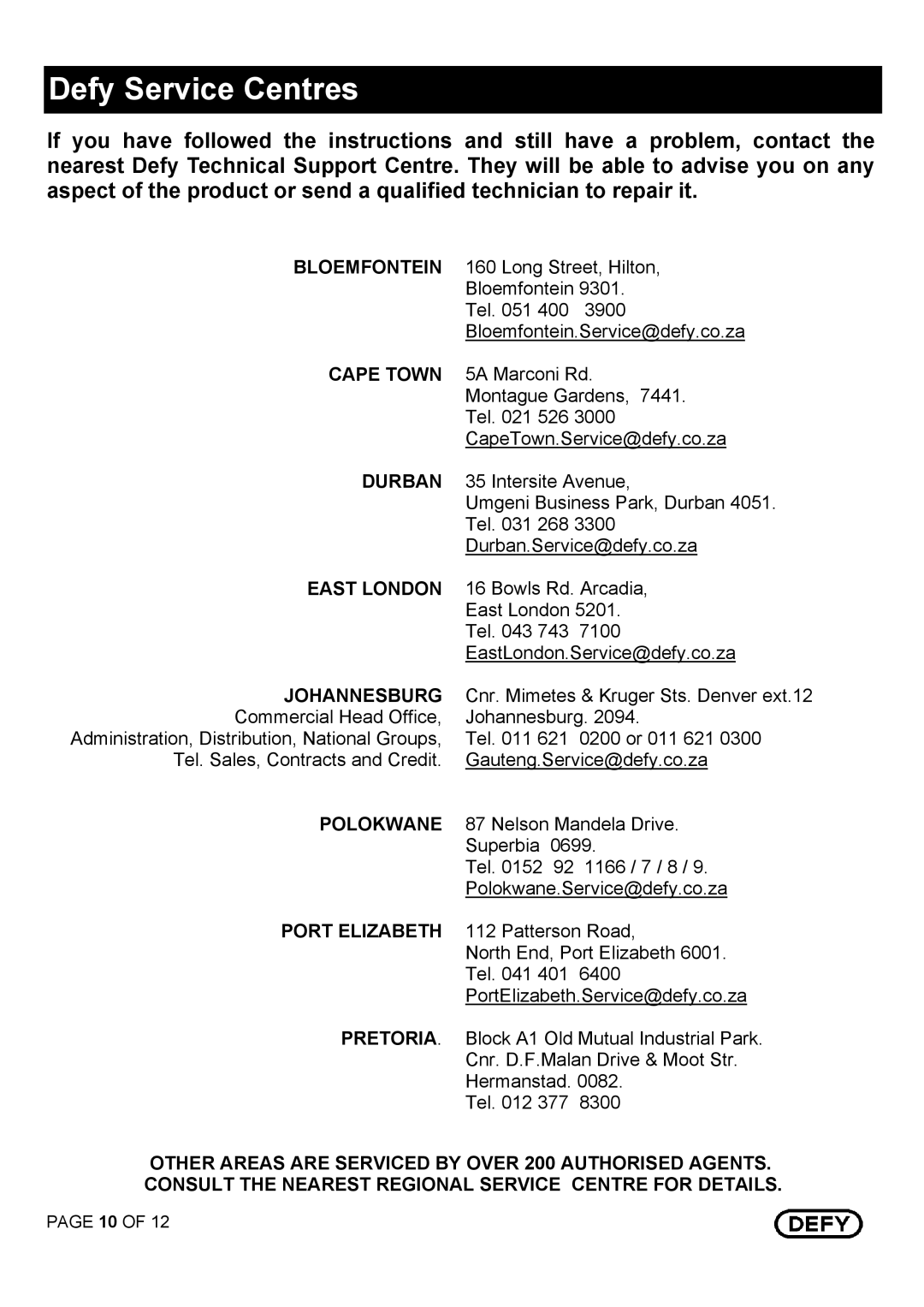 Defy Appliances DHD 395 owner manual Defy Service Centres, Johannesburg 