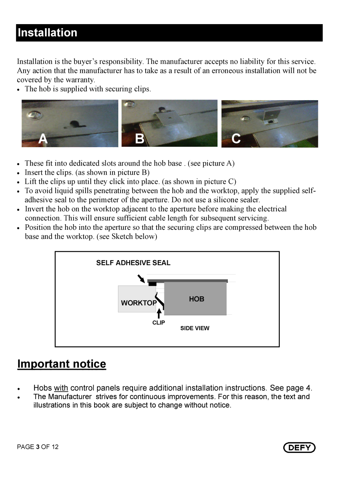 Defy Appliances DHD 395 owner manual Installation, Important notice 