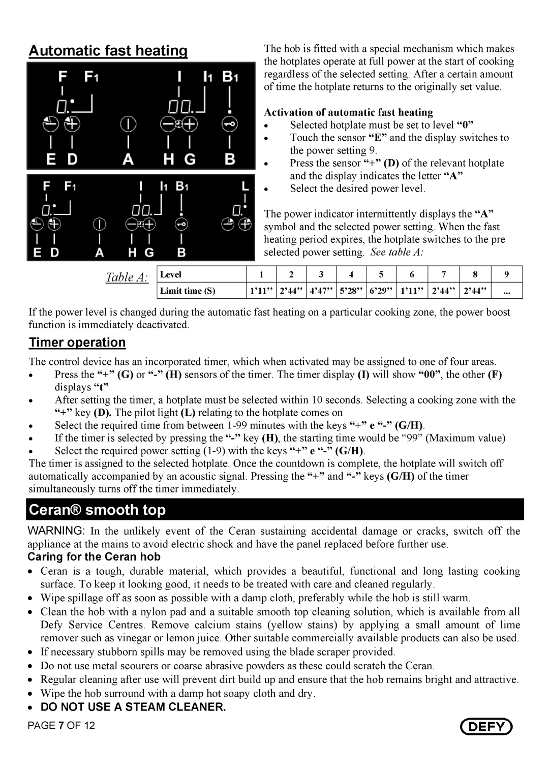 Defy Appliances DHD 395 owner manual Automatic fast heating, Timer operation 