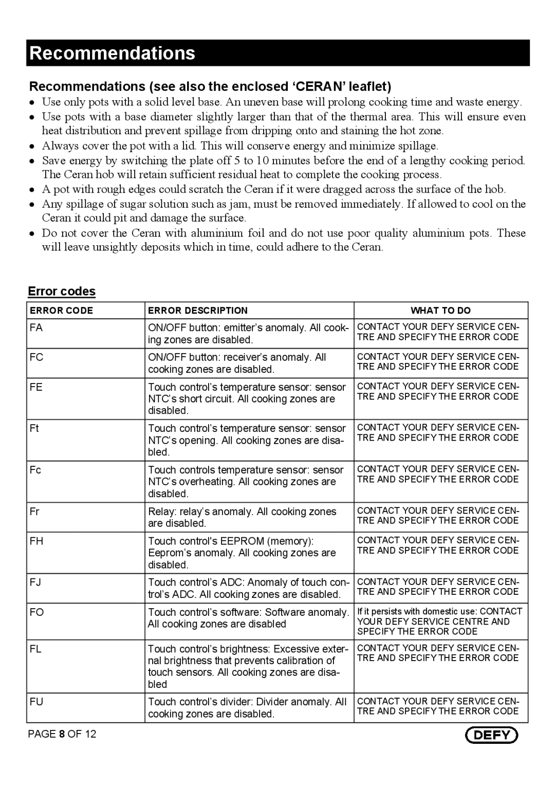 Defy Appliances DHD 395 owner manual Recommendations see also the enclosed ‘CERAN’ leaflet 